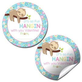 Hangin’ with You Sleepy Sloth-Themed Valentine Party Favor Sticker Labels, 40 2" Party Circle Stickers by AmandaCreation, Great for Classroom Valentines, Envelope Seals, Gifts & Treats