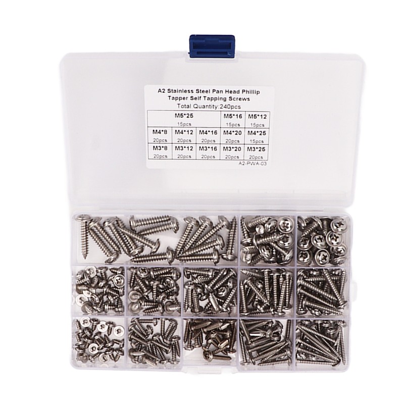 240Pcs Self Tapping Screws Cross Pan Head Stainless Steel M3