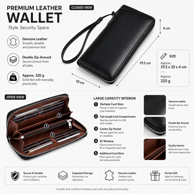 Long Zip-Around Leather Wallet for Daily Carry – Dual-Zipper Card