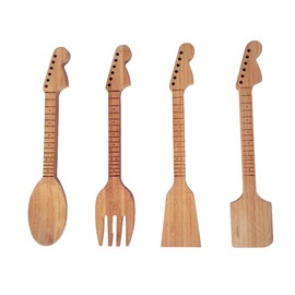 Bamboo Guitar Neck Shaped Kitchen Cooking Utensil Set - Guitar Shaped Musician Gifts - Set of 4: Spoon, Spatulas and Salad Fork