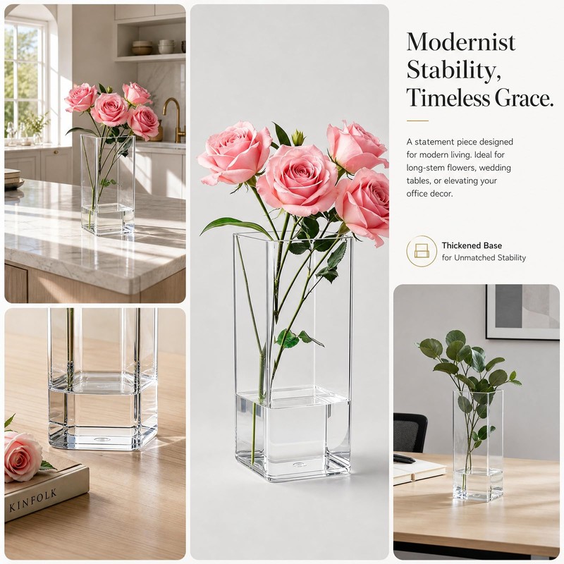 Acrylic Flower Vase, 25x10cm Square Minimalist Vase, Shatterproof Plastic Vases,
