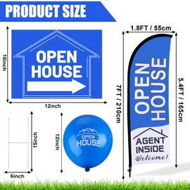 Buryeah Buryeah Open House Signs Set (36 Pcs Total), 1 Pack Open House Flag with Pole Kit, 5 Pack Double Sided Open House Directional Arrows Signs with Metal Stakes and 30 Open House Balloons (Blue)