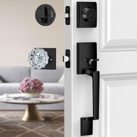 MAXECURITY Black Front Door Handle and Deadbolt Set, Modern Front Door Lock Set with Crystal Glass Door Knob, Reversible Exterior Door Handle for Right&Left Handed, Matte Black