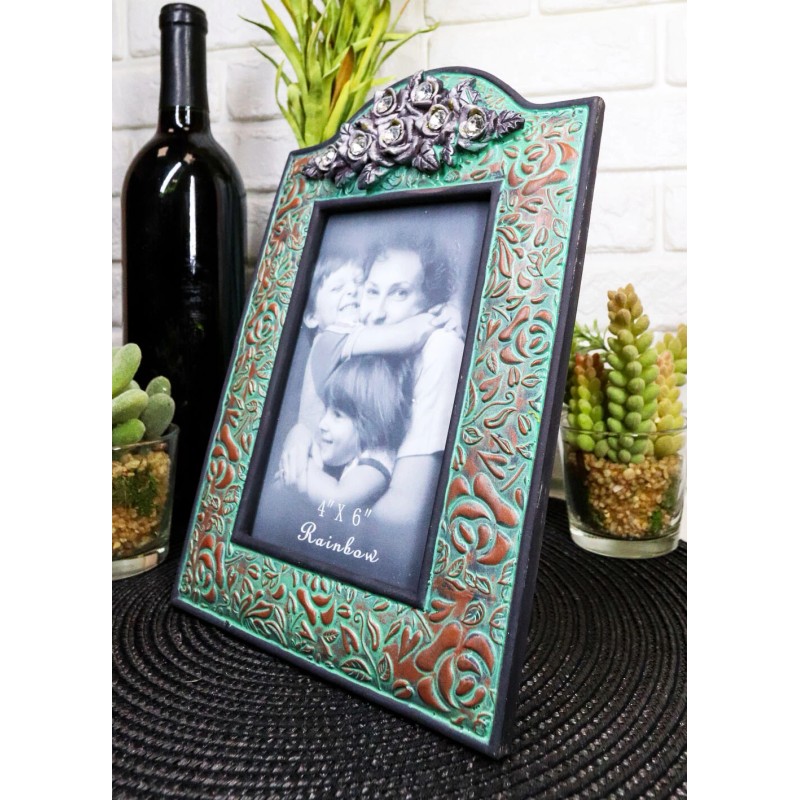 Western Silver Roses Turquoise Faux Tooled Leather Picture Photo Frame