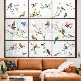 decalmile Window Sticker Spring Birds on Branch Window Decals Leaves Plants Birds Hummingbird Anti-Collision Window Film Glass Window Decoration Sticker