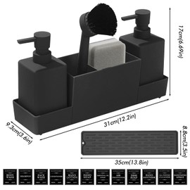 PRITOK Soap Dispenser Washing Sponge: Soap Dispenser Kitchen Set with Washing Up Sponge, Sink Organiser, Organiser with Brush and Two Soap Dispensers with Non-Slip Mat for Dishwasher Organiser Black