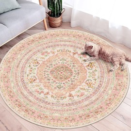Castage Round Area Rugs 4ft Washable,Pink Rug for Living Room Bedroom Dining Room,Circle Boho Vintage Bohemian Distressed Farmhouse Carpet Non Slip,Blush Floral