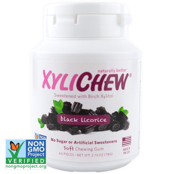 Xylichew 100% Xylitol Chewing Gum Jar - Non GMO, Gluten, Aspartame, and Sugar Free Gum - Natural Oral Care, Relieves Bad Breath and Dry Mouth - Licorice (60 Count)