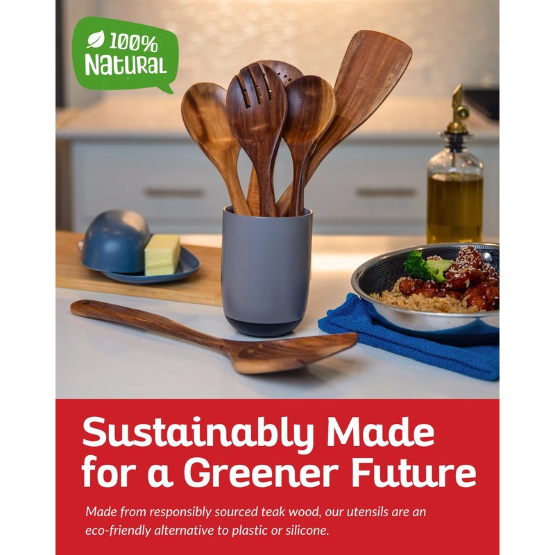 Boxiki Kitchen Luxury Teak Wood Utensil Set - Elegant 6-Piece