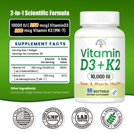 Vitamin D-3 & K-2, 10,000 IU/250 mcg,Plus Cardiovascular Support, Supports Bone 