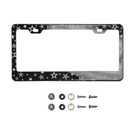 (Qty: 1 Frame) Laser Etched Stars Pattern Logo License Plate Frame with Metal Caps Material: T304 Stainless Steel Color: Smoke Chrome