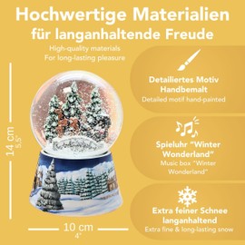 Christmas Snow Globe with Music, Nostalgic Carriage Ride Over Bridge, Base Winter Landscape Medium Blue, 100 mm Wide, 140 mm High, Mechanical Music Box, Christmas Decoration, 20291