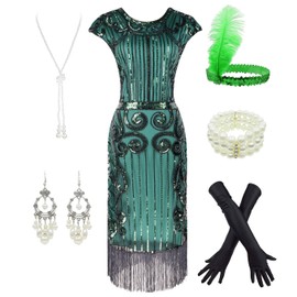 Women's 1920s Sequins Flapper Gatsby Cocktail Dress with 20s Headband Accessories Set (XXL, Green)