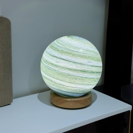 JupiGlow Earth Green Planet Night Light Glass Bedside with Wooden Base 3 Modes - Dimmable Swirl Planet Table Lamp for Bedroom Nightstand, Desk Lamp for Living Room, Office, Kids Room, Nursery