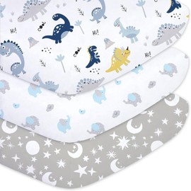 Little Grape Land Baby Fitted Sheets 60 x 120 cm - Set of 3 Fitted Sheets for Cot - Soft Microfibre - Oeko-Tex Standard 100 - Blue Dinosaur
