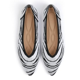 TINGRISE Women's Flats Shoes Pointed Toe Knit Ballet Comfortable Dressy Slip On Flat Zebra White US10