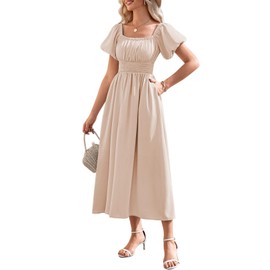 Duigluw Women's Summer Dresses Off Shoulder U Neck Puff Sleeve A Line Long Dress Smocked Casual Maxi Dress Papaya L