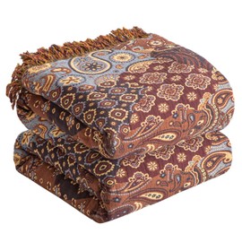 Boho Throw Blanket for Bed 60”x80”, 100% Cotton Woven Blanket for Couch Sofa, Ultra Soft 4-Layer Muslin Quilt with Patchwork Floral Printed, Farmhouse Bed Blanket/Cover for Living Room Decor