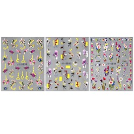 Dornail 5D Embossed Bronzing Nail Stickers - 3 Sheets Spring Flower Grass Bird Nail Art Decals - Colorful Floral Nail Accessories for Women Manicure Decor