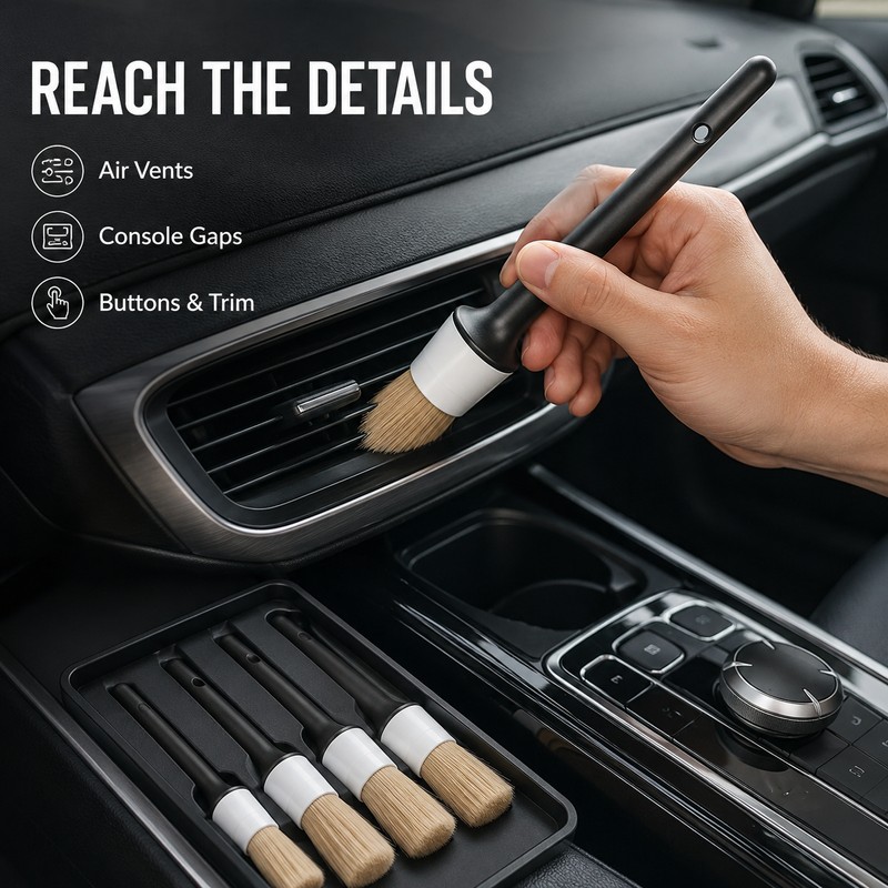 Car Detailing Brush Set, 5-Piece Boar Hair Car Cleaning Brushes