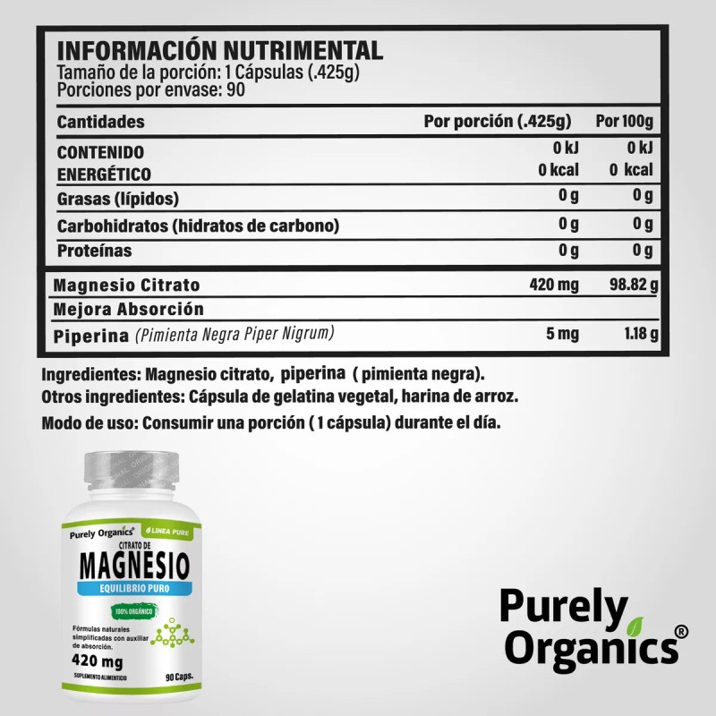 Purely Organics Magnesio Citrato, 90 Cápsulas. Purely Organics. Sabor Sin