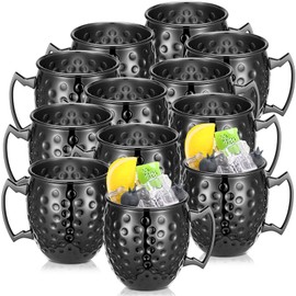 Hoolerry 12 Pcs Moscow Mule Mugs Bulk Black Stainless Steel Moscow Copper Plating Cups with Handle 12 oz Hammered Finish Cup for Chilled Drinks Coffee Wine Cocktail Wedding Birthday Gift