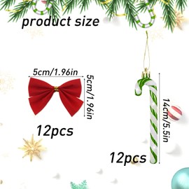 RobLuX Pack of 12 Candy Canes Christmas Decoration Green Candy Canes Pendant Glitter Decorative Candy Canes with 12 Red Bows Hanging Christmas Decorations (Green)