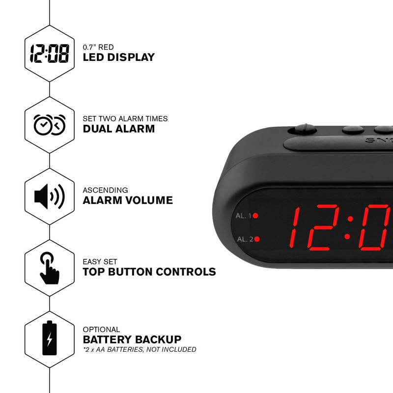SHARP Digital Alarm Clock – Black Case with Red LEDs