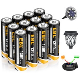 EBL EBL Solar AA Battery Rechargeable Batteries for Outdoor Solar Lights, 1300mAh NIMH Pre-Charged 1.2V Recharge up to 1200x Times for Garden Landscaping String Lights, Pack of 12