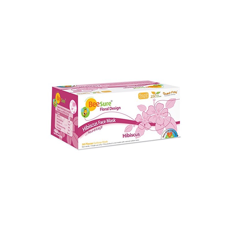 BeeSure BE2300 Floral Face Masks, Hibiscus Pink (Pack of 50)