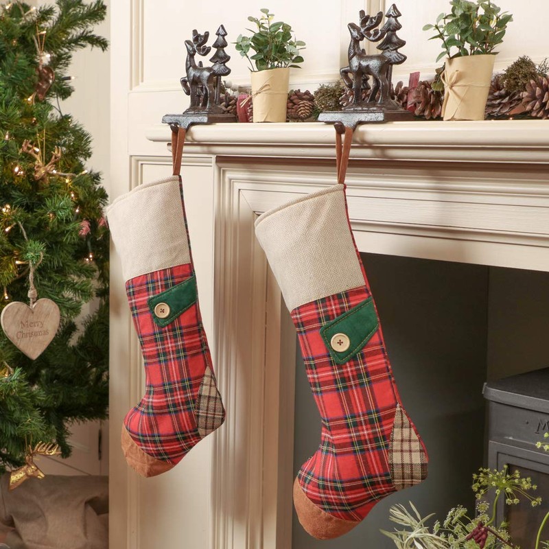 Dibor Large Festive Red Tartan Patchwork Pattern Family Christmas Stocking