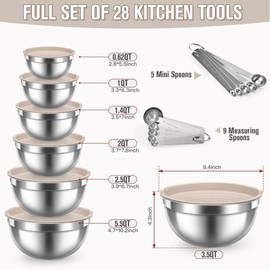 YUNNKEEY 21PCS Mixing Bowl Set with 7 Mixing Bowls &14 Measuring Spoons, Stainless Steel Nesting Bowls for Baking & Cooking (No-Slip Base Not Included)