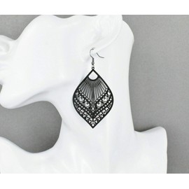 Black Teardrop Earrings For Women Set Cut Out Filigree Scroll Oval 3" Long Very Lightweight