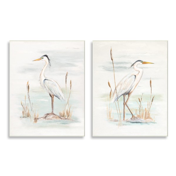 Stupell Industries Elegant Heron Birds Cattails Plants In Water Painting,
