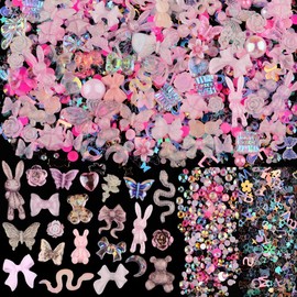 Sinyanail Acrylic Butterfly Bow Bear Flower Heart Crown Nail Charms Mixed Starry AB Nail Rhinestones Crystals Gems for Nail Art Decorations Designs DIY Crafting Accessories (100pcs-pink)