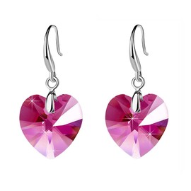 Austrian Crystal Heart Dangle Hook Earrings for Women Drop Earrings 14K Gold Plated Hypoallergenic Jewelry (Fuchsia