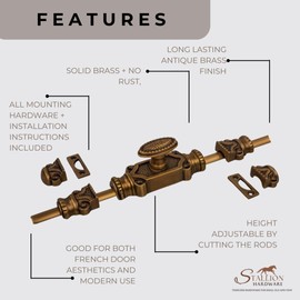 STALLION HARDWARE Antique Brass Cremone Bolt Set - Solid Brass Cabinet Hardware with 2' Rods & Handle, Perfect for Cabinets & Restoration Projects, Easy One-Side Operation for Timeless Charm