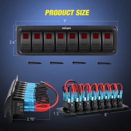 Nilight 8 Gang Rocker Switch Panel 5Pin On Off Toggle Aluminum Holder 12V 24V Dash Pre-Wired Red Backlit Switches for Automotive Cars Marine Boats RVs Truck