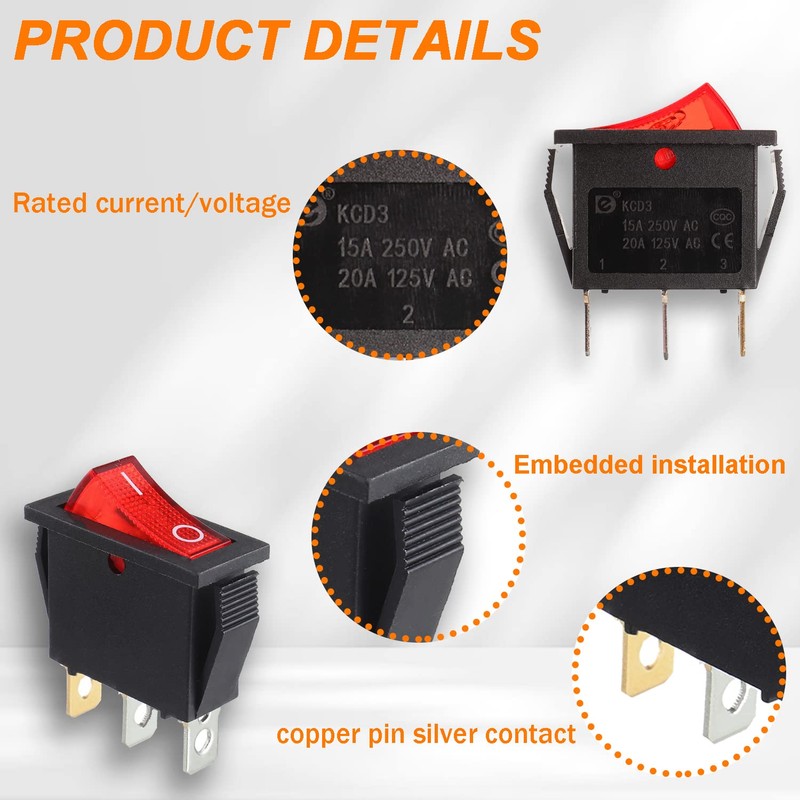 HUAREW Pack of 5 Rocker Switch Illuminated Red ON/OFF SPST