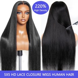 Tscom 5x5 HD Lace Closure Wigs Human Hair 220 Density 24 Inch Wear and Go Glueless Wigs Human Hair Pre Plucked Pre Cut with Baby Hair Bleached Knots 12A Ready to Wear Straight Wig for Beginners