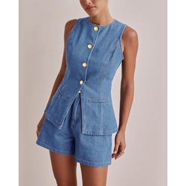 Kedera Women Denim Vest Sleeveless Crewneck Button Down Jean Waistcoat Casual Front Slit Slim Denim Tank Top