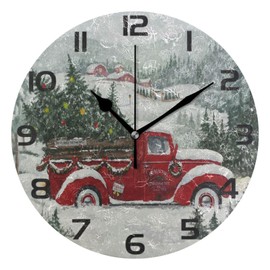ALAZA Red Truck Christmas Tree Wall Clock Non Ticking Decorative Desk Clock for Bedroom Kitchen Living Room School Office,Black