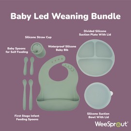 WeeSprout Baby Led Weaning Bundle, Silicone Suction Bowl, Spoons, Bib & Cup, Develops Self Feeding Skills, Dishwasher Safe (Pink)