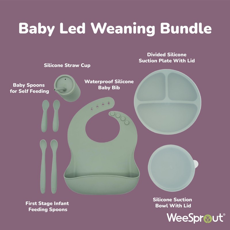 WeeSprout Baby Led Weaning Bundle, Silicone Suction Bowl, Spoons, Bib