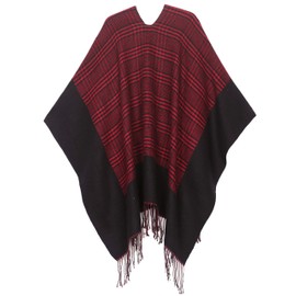 Sakkas 1927 - Avi Women's Reversible Open Front Poncho Cardigan Ruana Cape Shawl W/Fringe - Gingham Red - OS