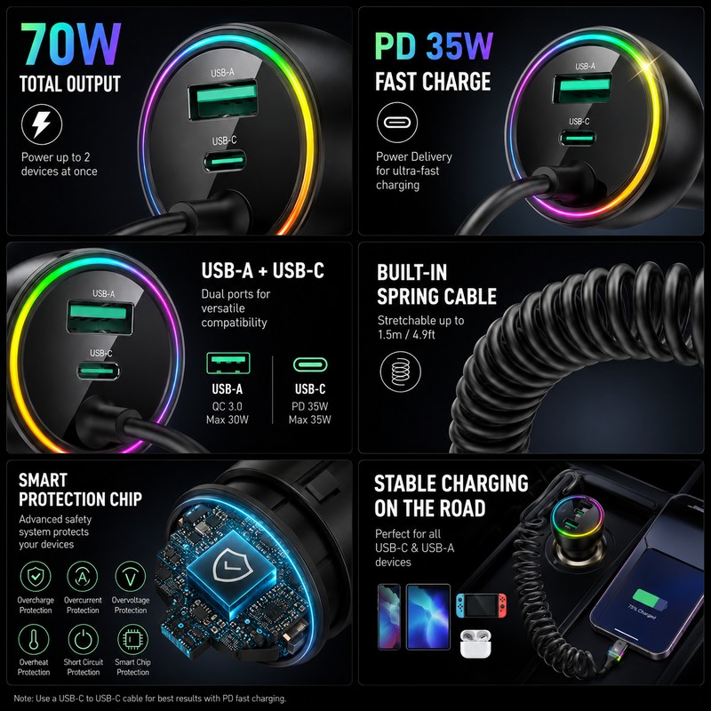 70W USB-C Car Charger for Fast Charging – PD 35W
