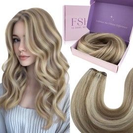 Fshine Real Hair Extensions for Sewing 45 cm Wefts Real Hair 100 g Real Hair Wefts for Sewing Light Brown Highligh Platinum Blonde Hair Wefts Real Hair Colour 8P60
