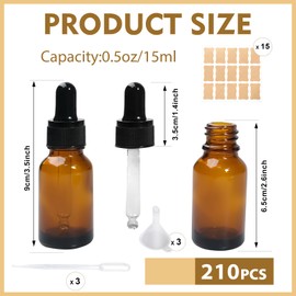 TANEMUDO 210 Pack 15ml Dark Dropper Bottles with Eye 1/2 oz Glass Brown Tincture Bottles for Essential Oils, Liquids, Perfumes, Lab Chemicals, and Travel Supplies(Amber)