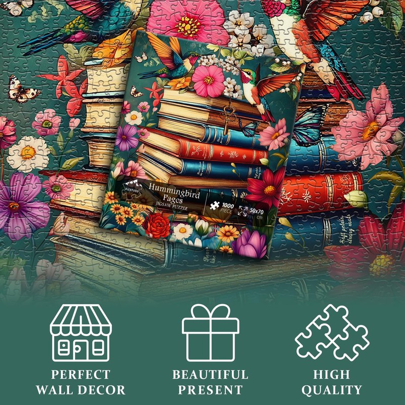 PICKFORU Wildflower Pages Jigsaw Puzzle for Adults, Hummingbird Vintage Book