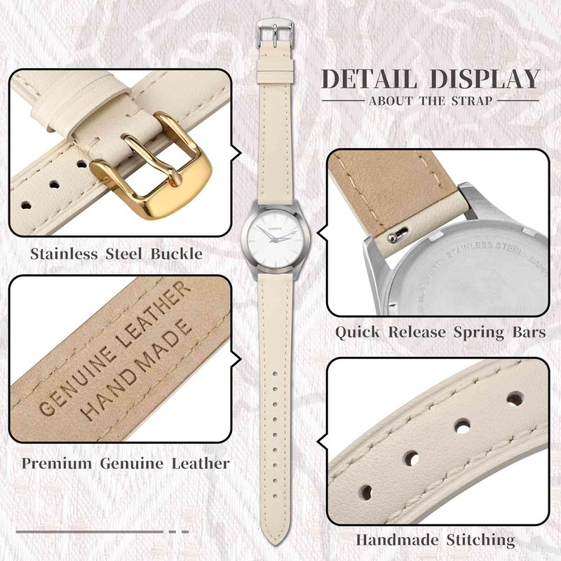 Anbeer Flat Thin Elegant Genuine Leather Watch Strap, Quick Release